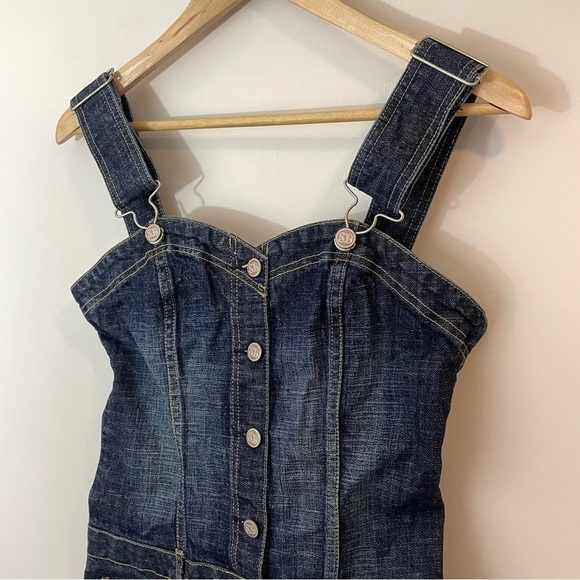 SB Jeans Y2K Denim Mini Dress Sz XS Blue Sweetheart Neckline Overalls Barbie 90s - Picture 2 of 10